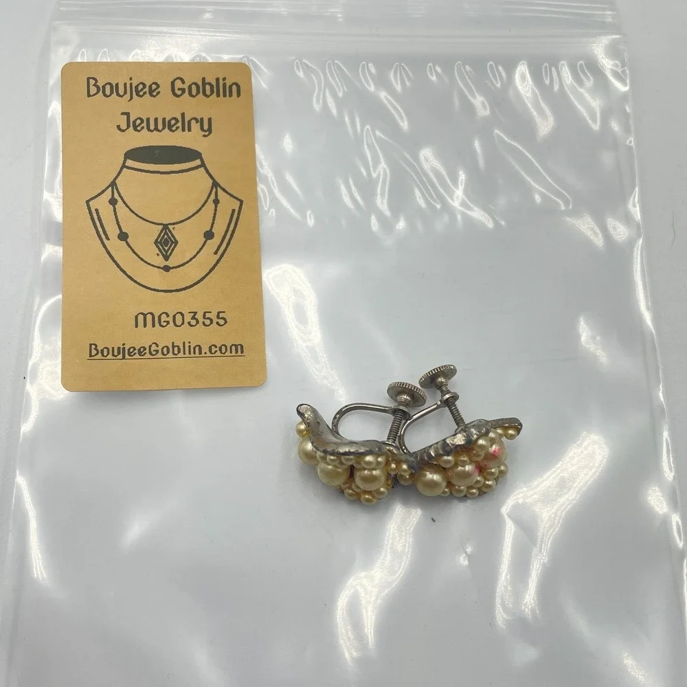 Vintage Mid-Century Faux Pearl Leaf Cluster Screw Back Earrings Silver Tone
